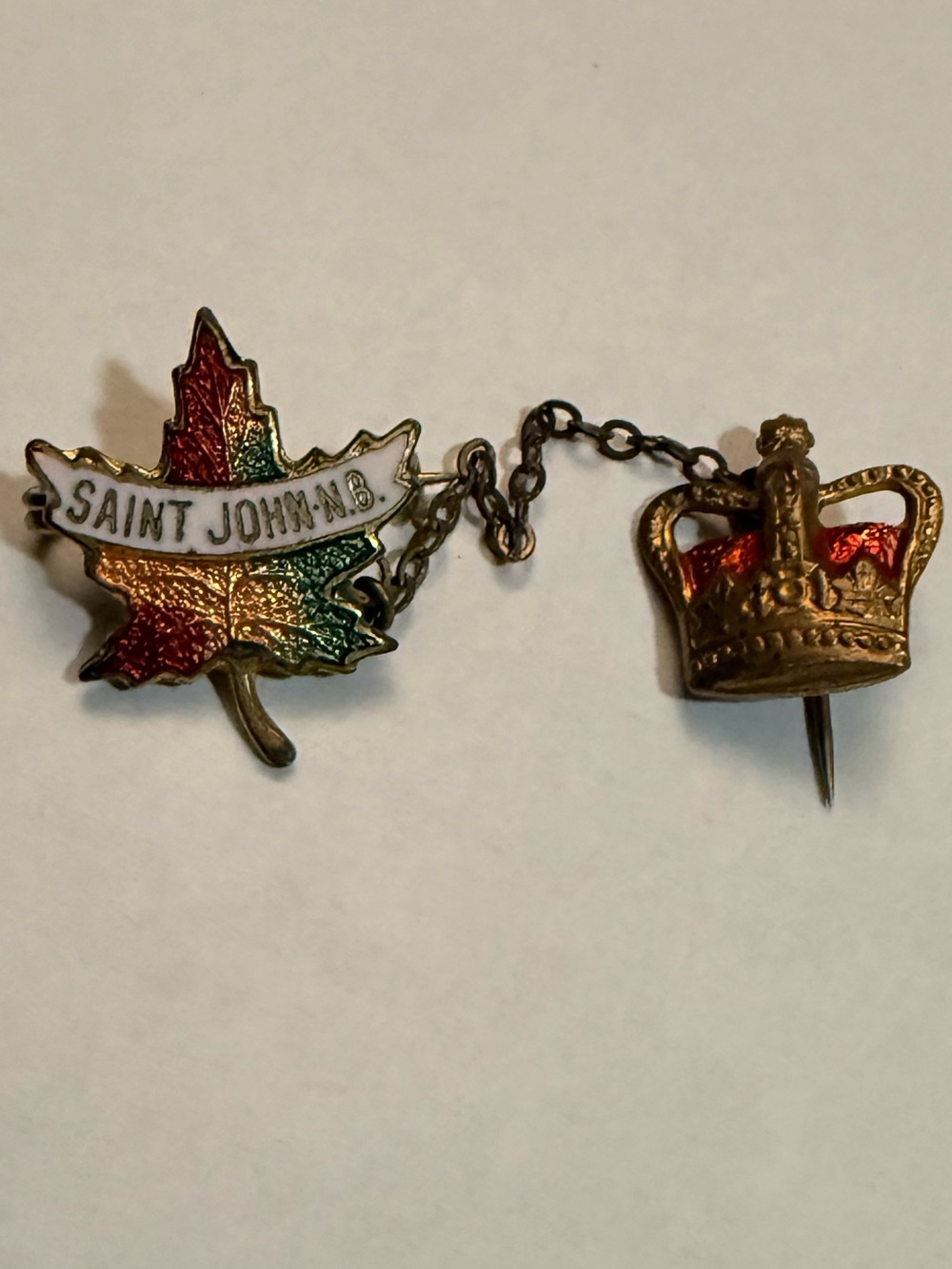 Saint John N.B. Maple Leaf and Crown Enamel Stick Pin Set
